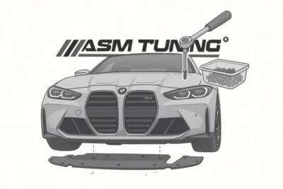 Demontarea tăvii de protecție frontală pentru instalarea splitterului din carbon – montaj ASM Tuning România