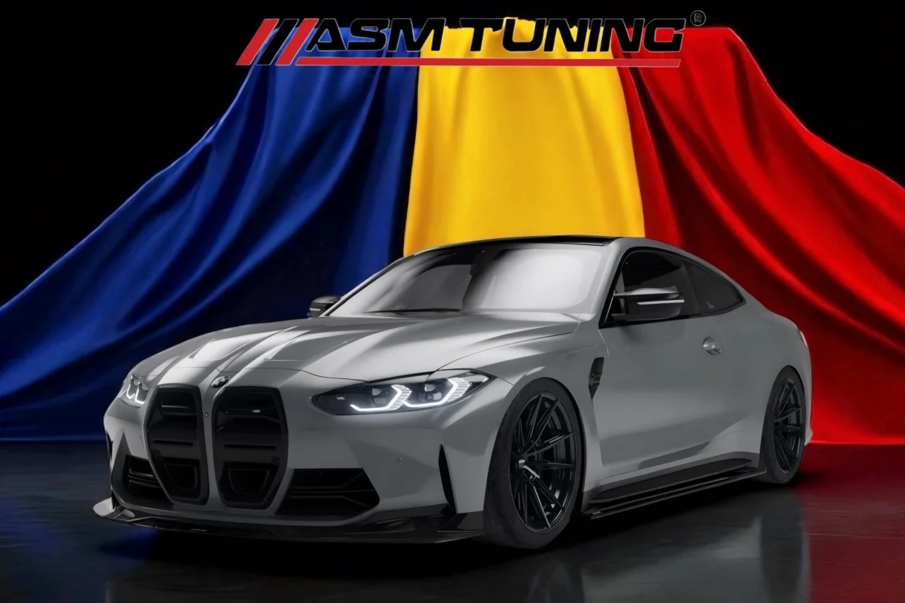 Este Legal Tuningul Auto în România? Ghid Complet RAR 2025 BMW modificat cu body kit carbon în fața steagului României – simbol al tuningului legal conform RAR 2025, promovat de ASM Tuning România