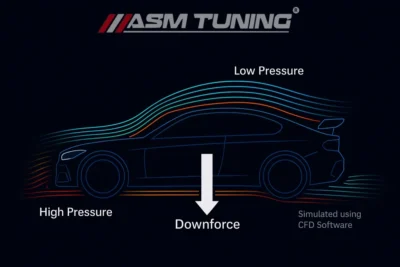 Splitter frontal din fibră de carbon optimizat pentru downforce și stabilitate aerodinamică la viteză