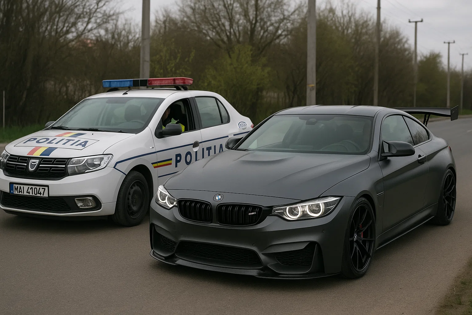 Cum Sa Treci ITP‑ul Cu Masina Modificata: Sfaturi Si Greseli De Evitat Autospecială de poliție oprită lângă un BMW sport modificat, pe un drum din România – verificare tehnică