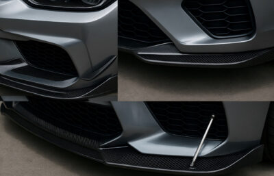 Comparație vizuală între trei tipuri de splittere frontale din carbon: splitter tip lip OEM+, splitter cu canarduri integrate și splitter track-style cu suporturi